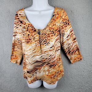 Chicos Top Blouse Womens Medium Orange Brown Beige Scoop Neck Keyhole Stretchy